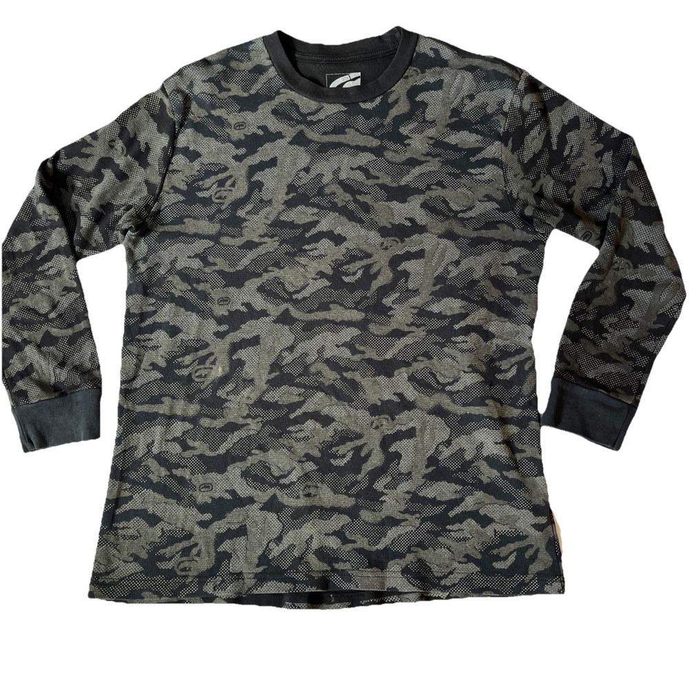 ECKO Unlimited Shirt Mens 2XL Camo Y2K Rhino Waffle Knit  Spellout Thermal VTG
